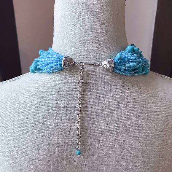 Vintage Multi Strand Blue Statement Glass Station Seed Bead Bib Collar Necklace - Picture 9 of 13